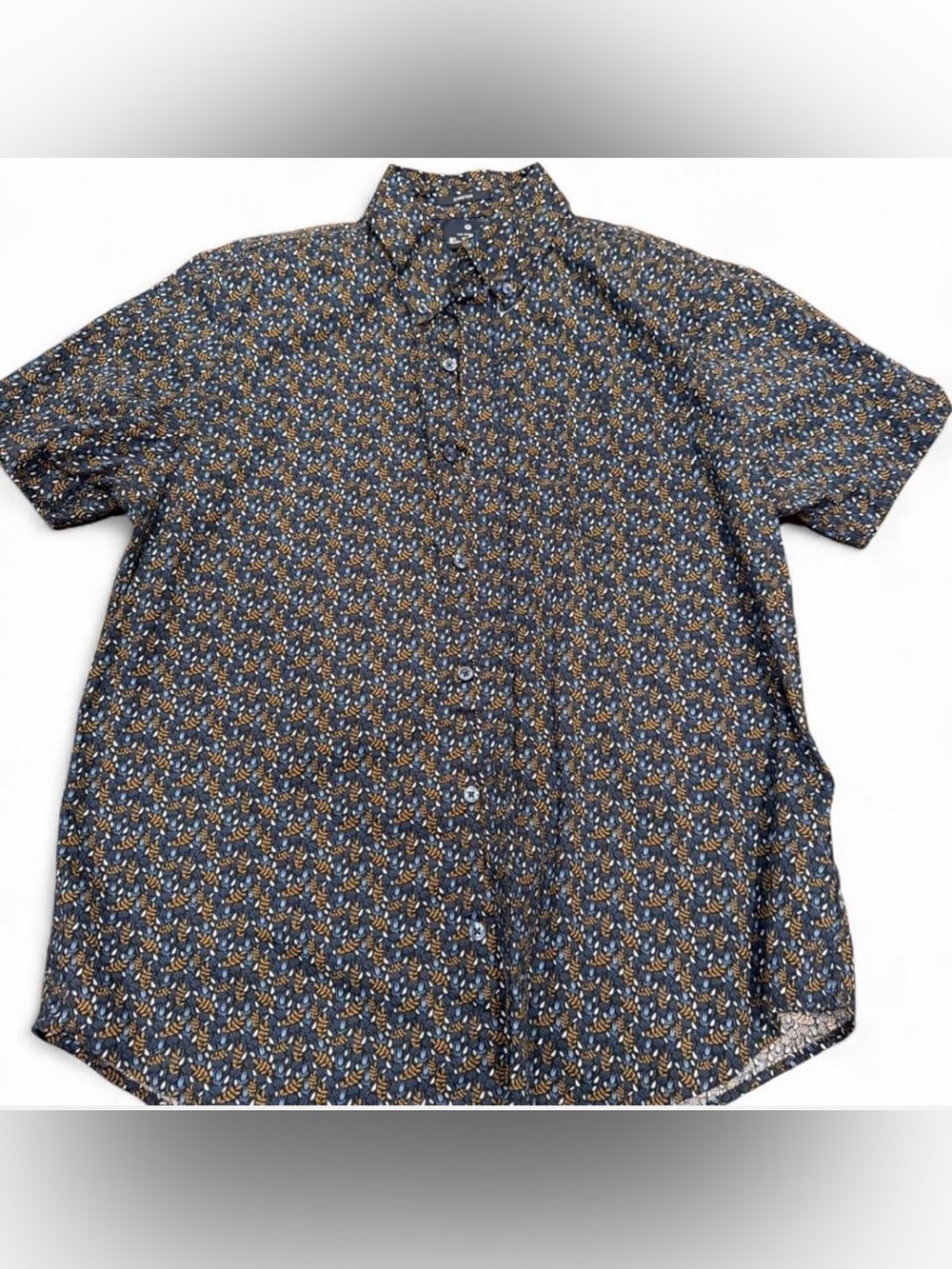 Ben Sherman Navy Floral-Print Short Sleeve Button-Down Shirt with Tan Accents